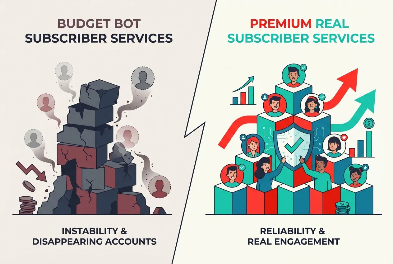 Comparison of budget bot subscriber services versus premium real subscriber providers