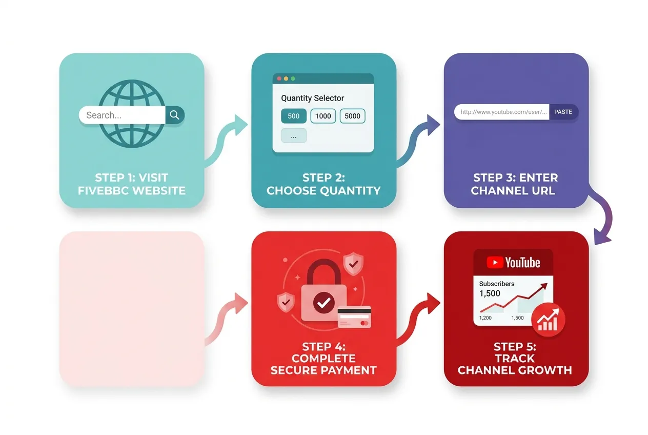 Five-step process flow for ordering YouTube subscribers on FiveBBC
