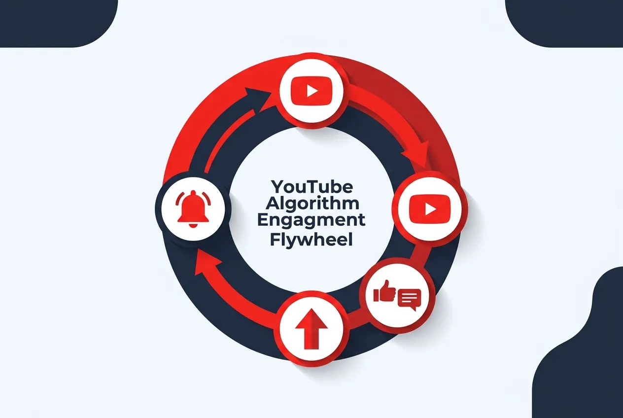 YouTube algorithm engagement flywheel diagram showing subscriber-view-recommendation cycle