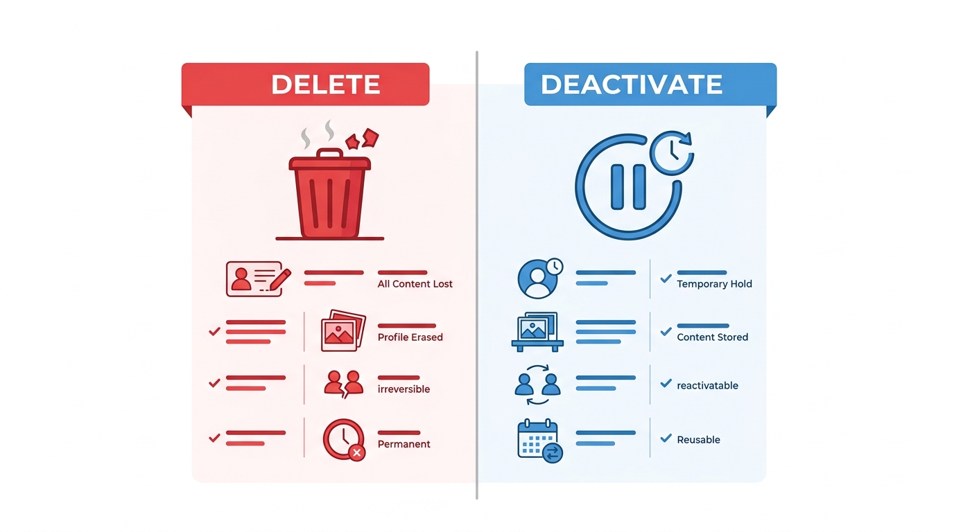 Infographic comparing Instagram account deletion vs deactivation — permanent removal vs temporary pause