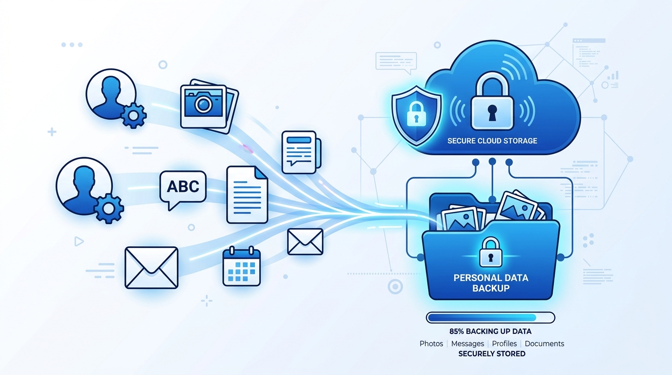 Digital illustration of Instagram personal data being backed up to secure cloud storage