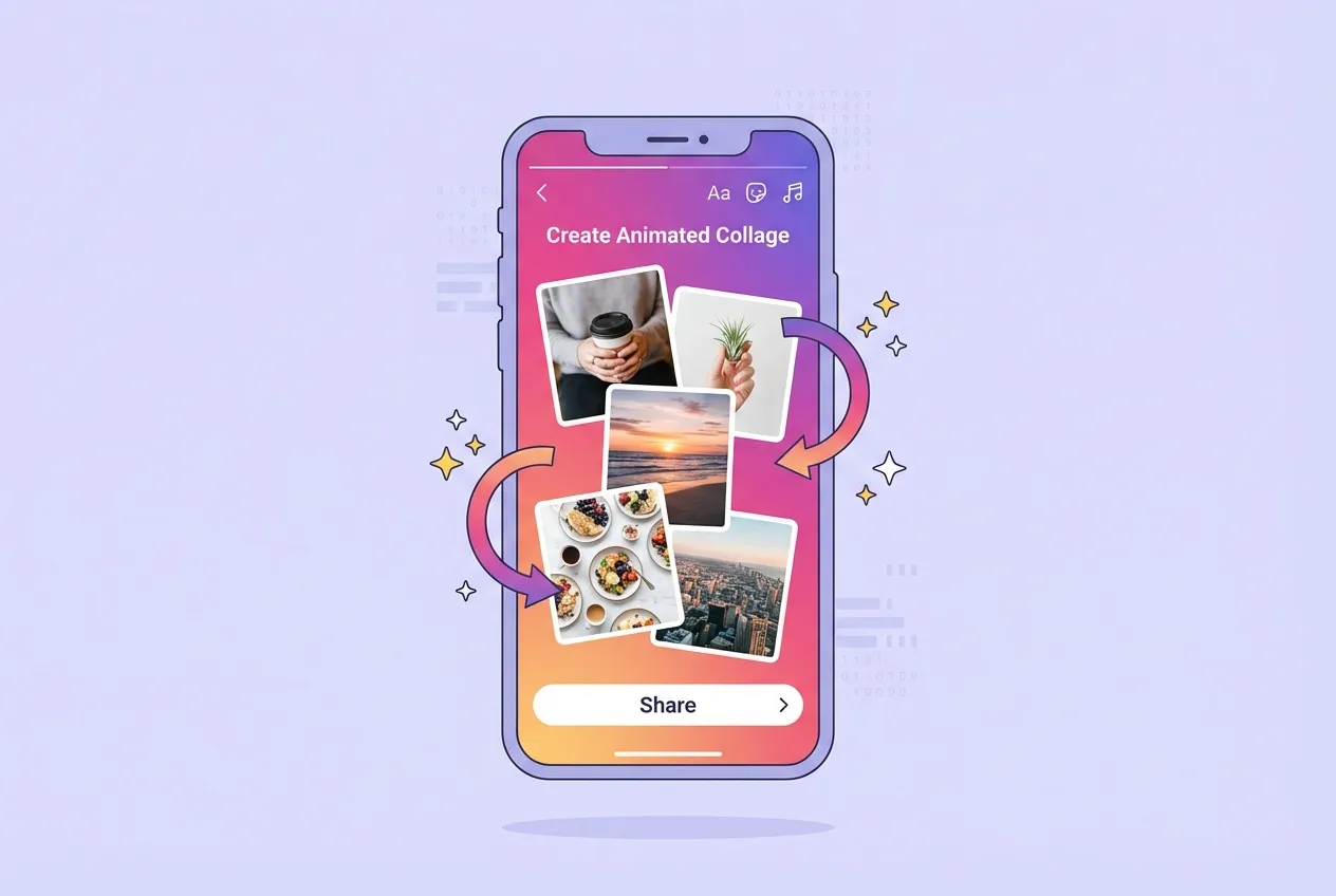 Instagram animated collage tool showing cutout photos arranged in a creative sequence on a smartphone screen