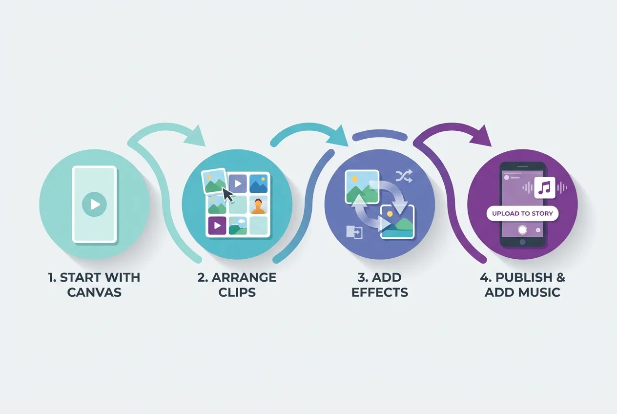 Process flow showing four steps to create a video collage for Instagram Stories using CapCut