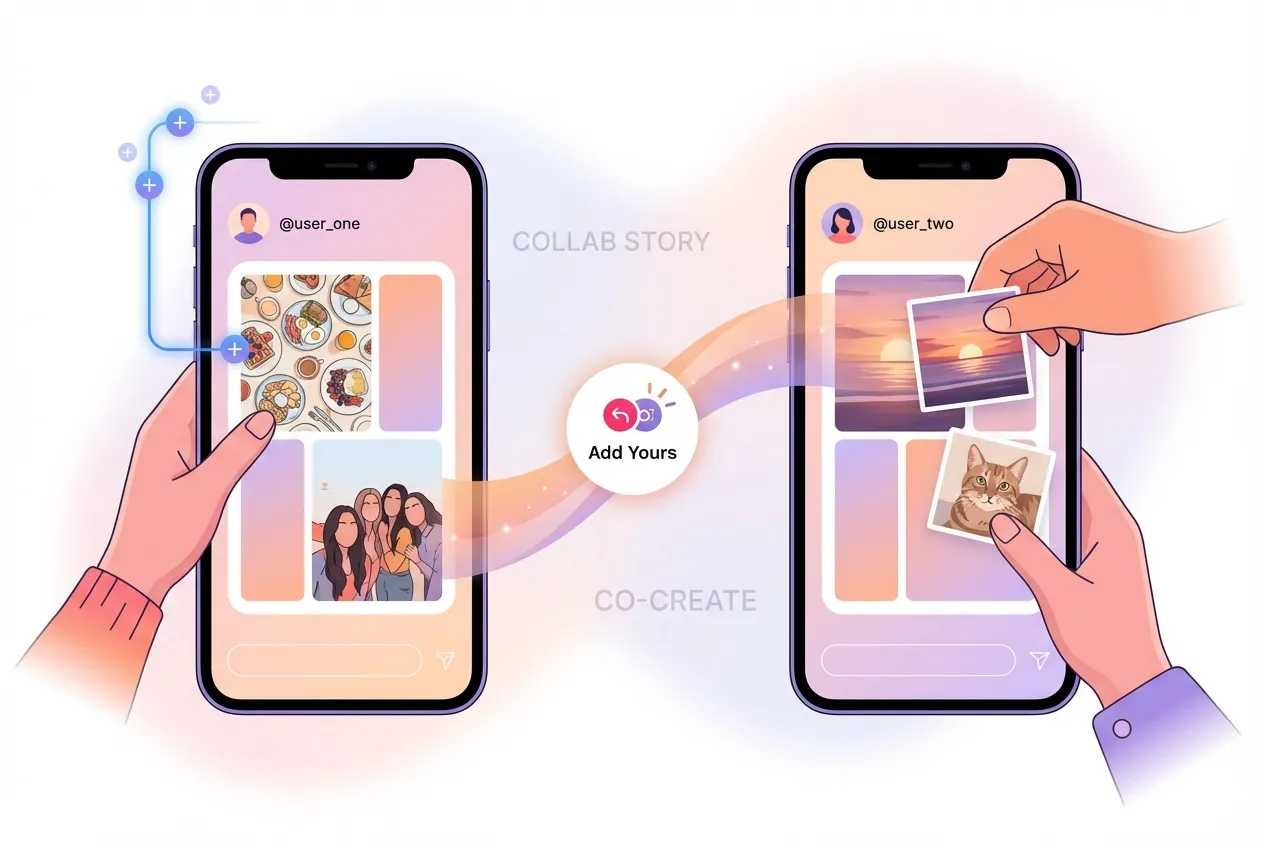 Two smartphones showing Instagram Collab Stories feature with co-created collage and Add Yours sticker