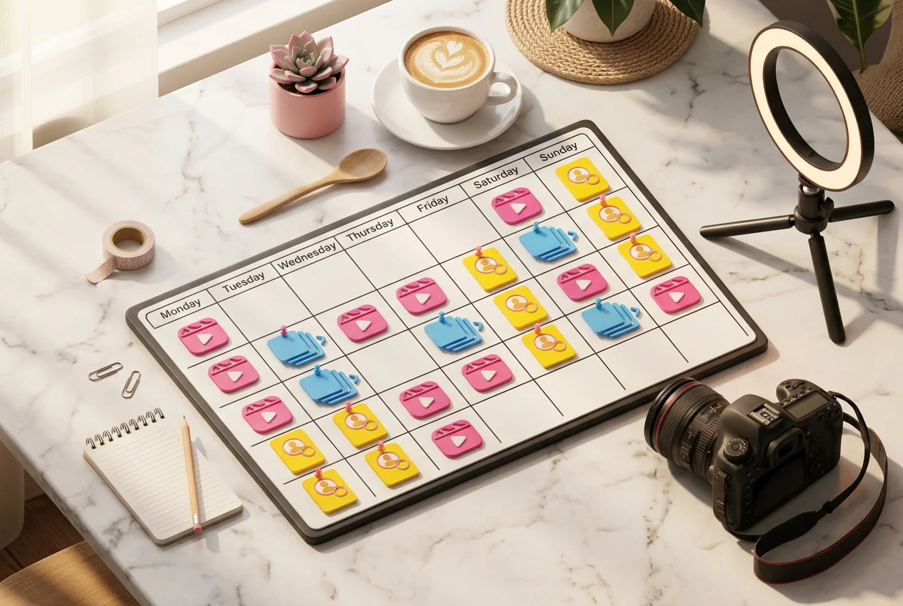 Instagram content strategy — weekly content calendar with Reels, carousels, and Stories planned on a desk setup