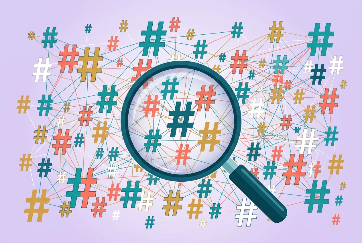 Instagram hashtag discovery — magnifying glass over a network of connected hashtag symbols for content discovery