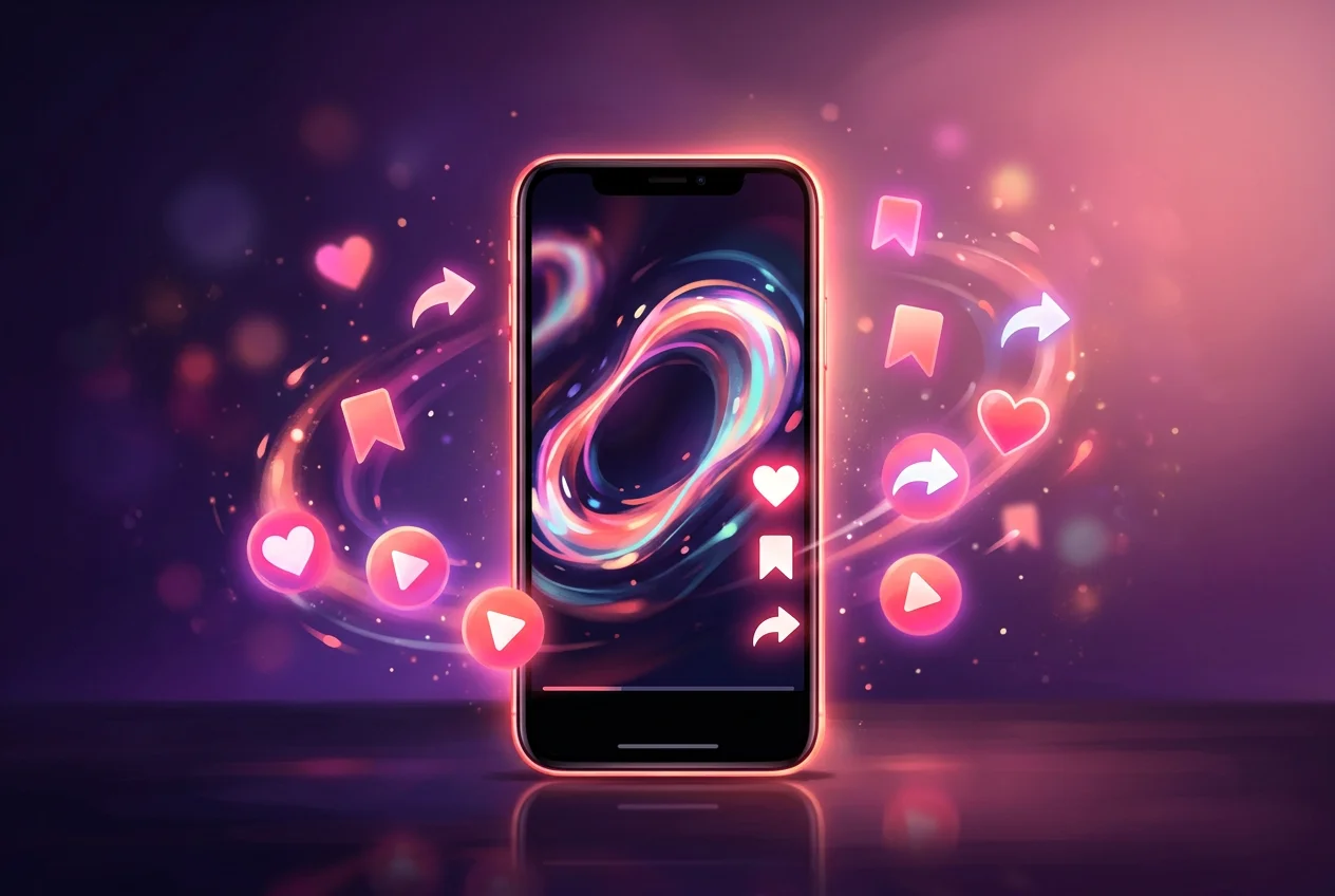 Instagram Reels growth — smartphone with vertical video player surrounded by engagement icons like hearts, bookmarks, and shares