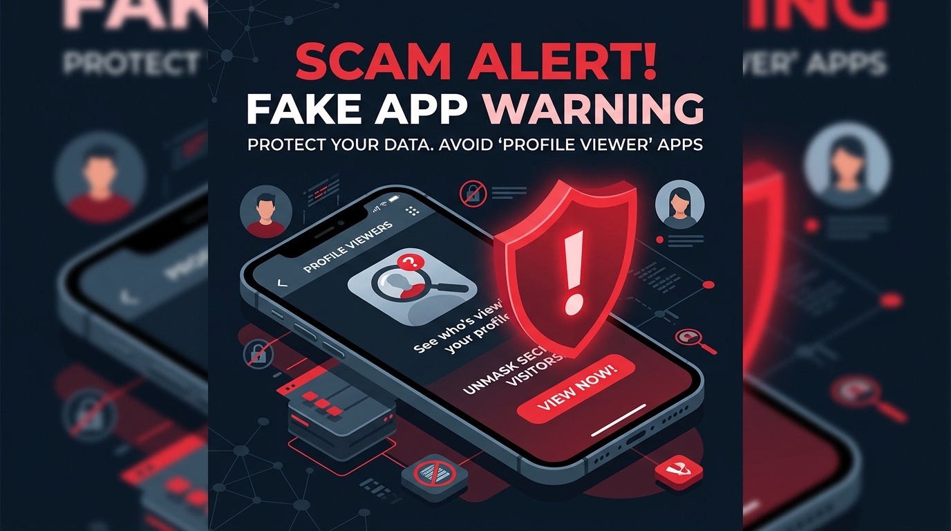 Warning illustration of a fake Instagram profile viewer app showing scam alert