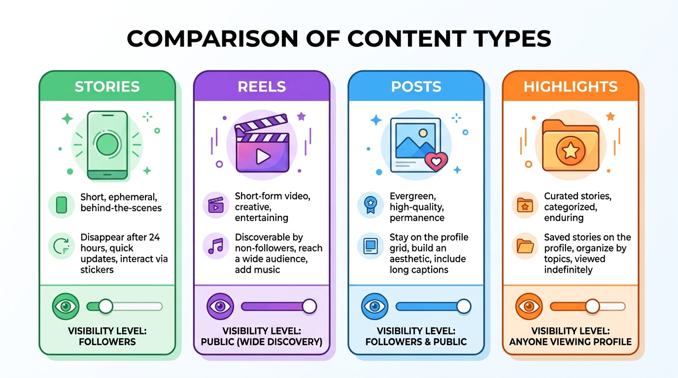 Comparison infographic of Instagram content types showing viewer visibility levels for Stories, Reels, Posts, and Highlights